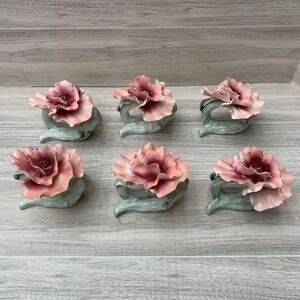 Vintage Fine Bone China Pink Rose Napkin Rings Set of 6 Floral Table Decor